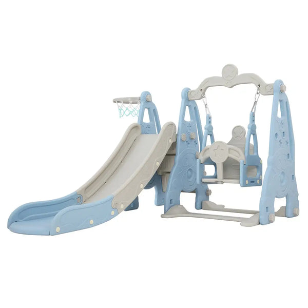 Keezi 3-in-1 play set with blue and white swing chair, slide, and basketball hoop
