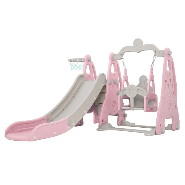 Keezi kids 3-in-1 play set with pink and gray swing chair and slide