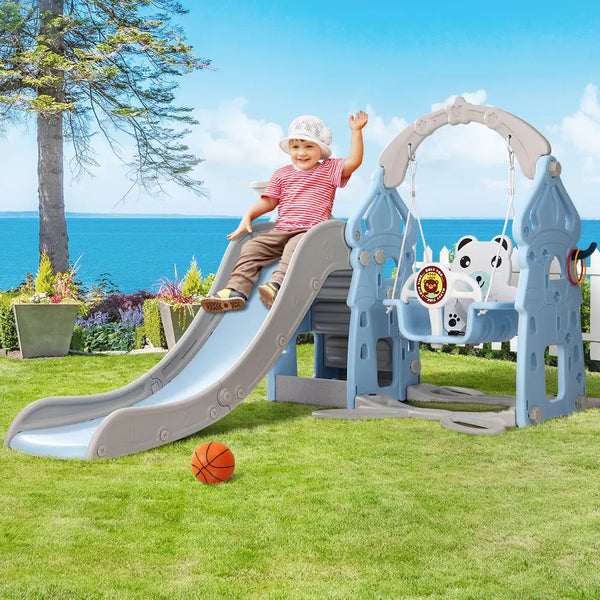 Keezi kids slide swing set with basketball hoop rings - boy playing on slide in yard