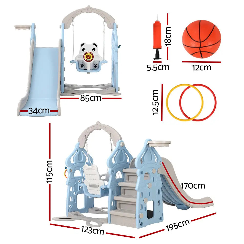 Close-up of blue keezi kids slide swing set with basketball and basketball hoop, perfect for outdoor playground fun