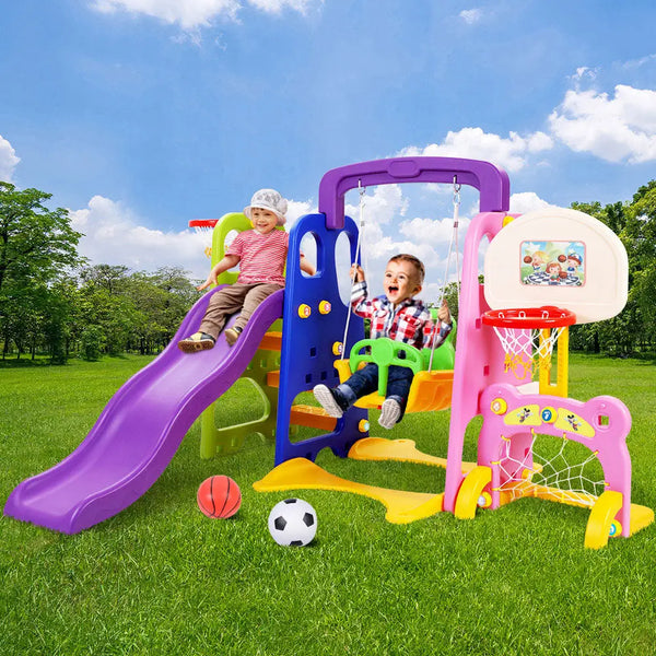 Keezi kids 7-in-1 play centre with 140cm long slide, featuring a little girl playing on purple and yellow swing set