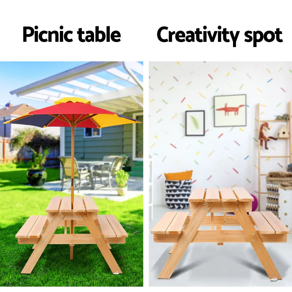 Keezi kids wooden picnic table set with umbrella - natural wood featuring outdoor table set