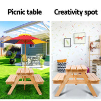 Keezi kids wooden picnic table set with umbrella - natural wood featuring outdoor table set