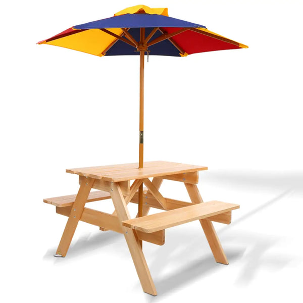 Keezi kids wooden picnic table set with umbrella - natural wood, kids outdoor table with umbrella