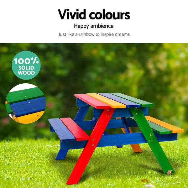 Keezi kids wooden picnic table set with umbrella - rainbow, colorful kids outdoor table set with bench