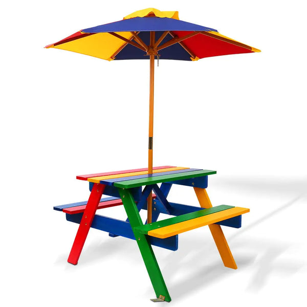 Keezi kids wooden picnic table set with umbrella - rainbow outdoor table set with colorful umbrella