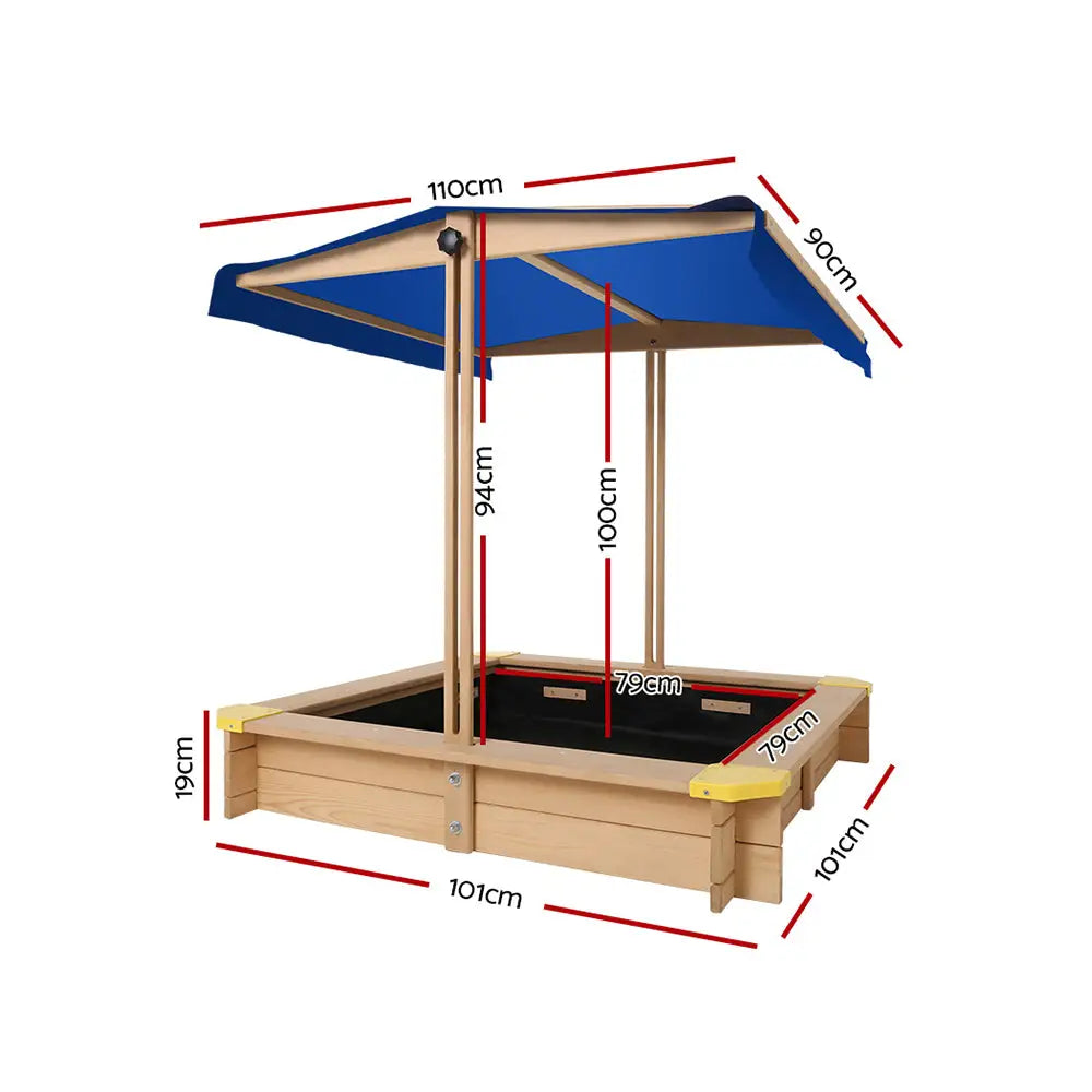 Keezi kids canopy sand pit with blue umbrella and bench seat - 101cm
