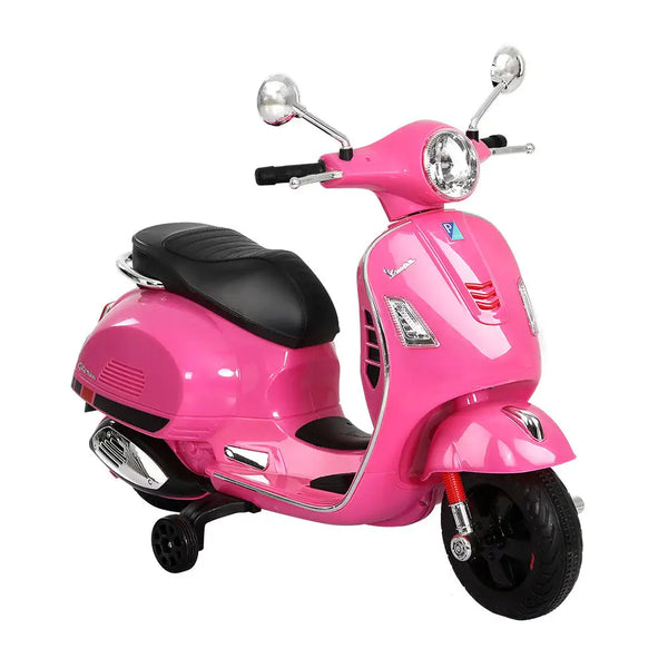 Pink kids electric ride on vespa motorcycle with black seat - realistic driving experience, handle bar, acceleration pedals