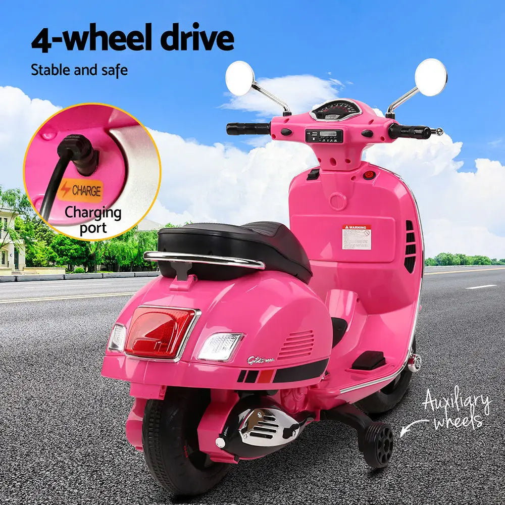 Pink electric ride-on vespa scooter for kids with front wheel drive display, handle bar, and realistic driving experience