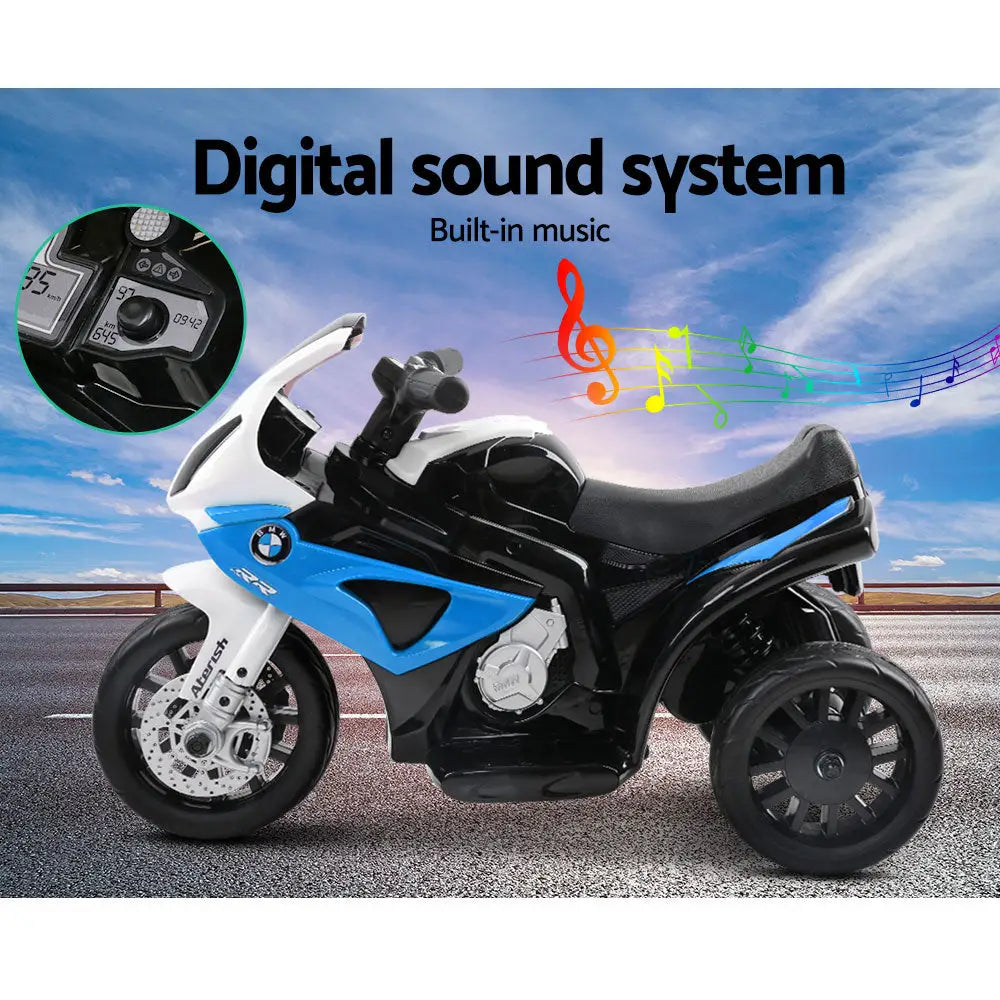 Blue and white kids electric ride on police motorcycle bmw licensed s1000rr with music notes