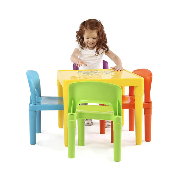 Kids plastic 5-piece table & 4 chairs set with little girl playing with toy