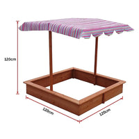 Kids wooden toy sandpit with adjustable canopy, delightful garden bench with striped umbrella