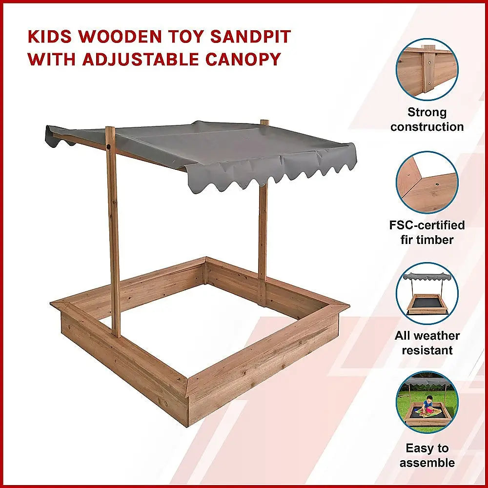 Kids wooden toy sandpit with adjustable canopy, protecting from harsh uv rays