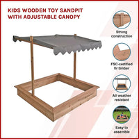 Kids wooden toy sandpit with adjustable canopy, protecting from harsh uv rays
