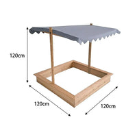 Kids wooden toy sandpit with adjustable canopy showcasing dimensions of the wooden table