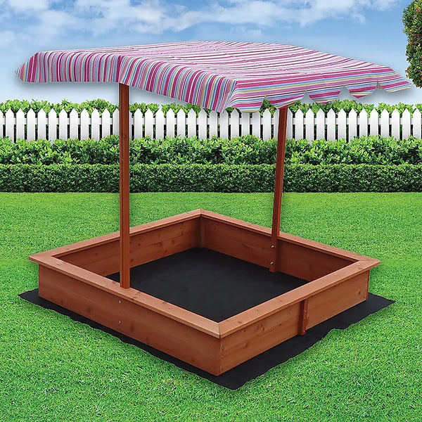Kids wooden toy sandpit with adjustable canopy, delightful canopy-covered sandpit with internal ground sheet