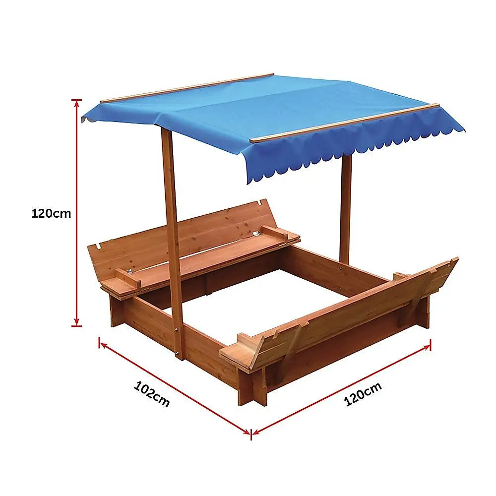Kids wooden toy sandpit with canopy: delightful canopy-covered sandpit with blue canopy and wooden picnic table