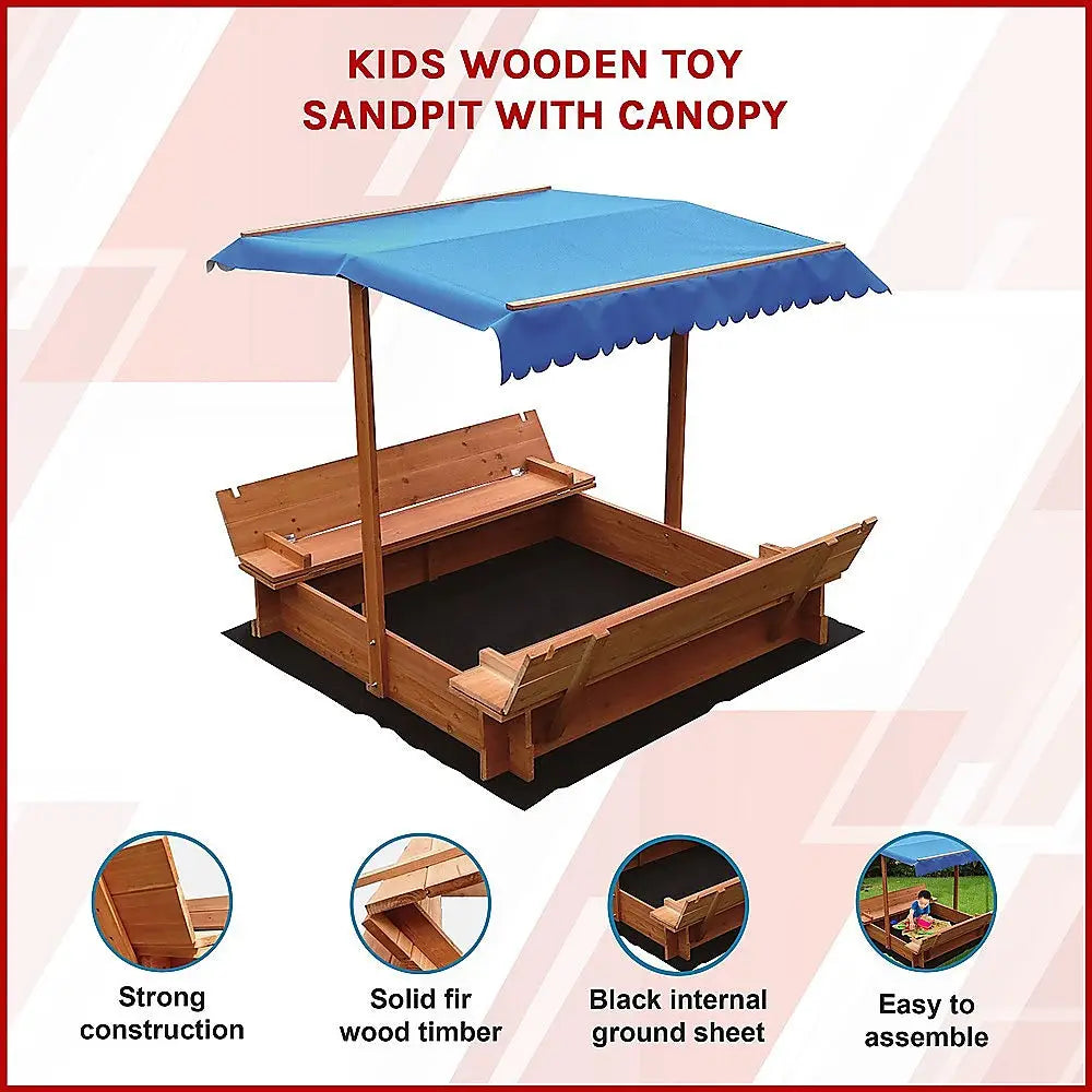 Kids wooden toy sandpit with canopy: delightful canopy-covered sandpit with internal ground sheet for hours of fun