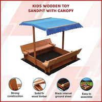 Kids wooden toy sandpit with canopy: delightful canopy-covered sandpit with internal ground sheet for hours of fun