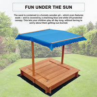 Kids wooden toy sandpit with canopy - delightful canopy-covered sandpit with blue umbrella on wooden deck