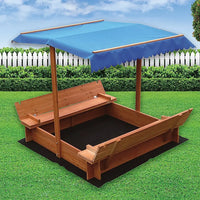 Kids wooden toy sandpit with canopy - delightful canopy-covered sandpit with a blue canopy shelter
