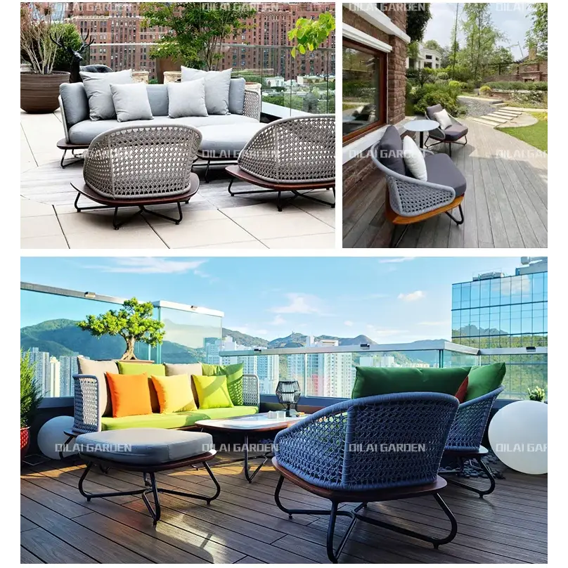 Outdoor furniture set with sofas and chairs on a patio with a cityscape view.