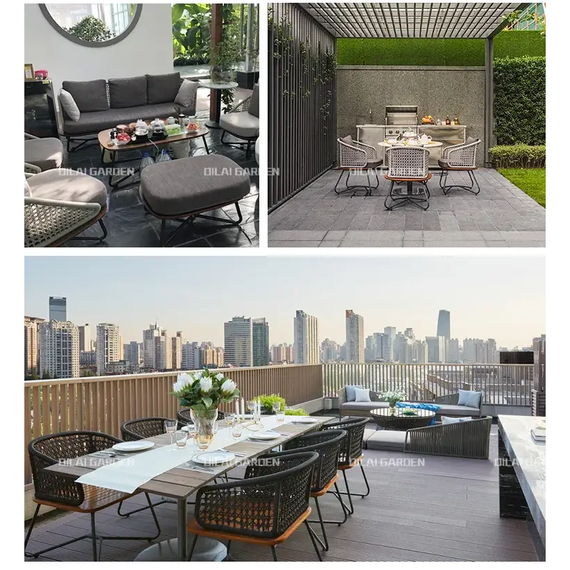 Collage of outdoor furniture sets with city skyline in the background