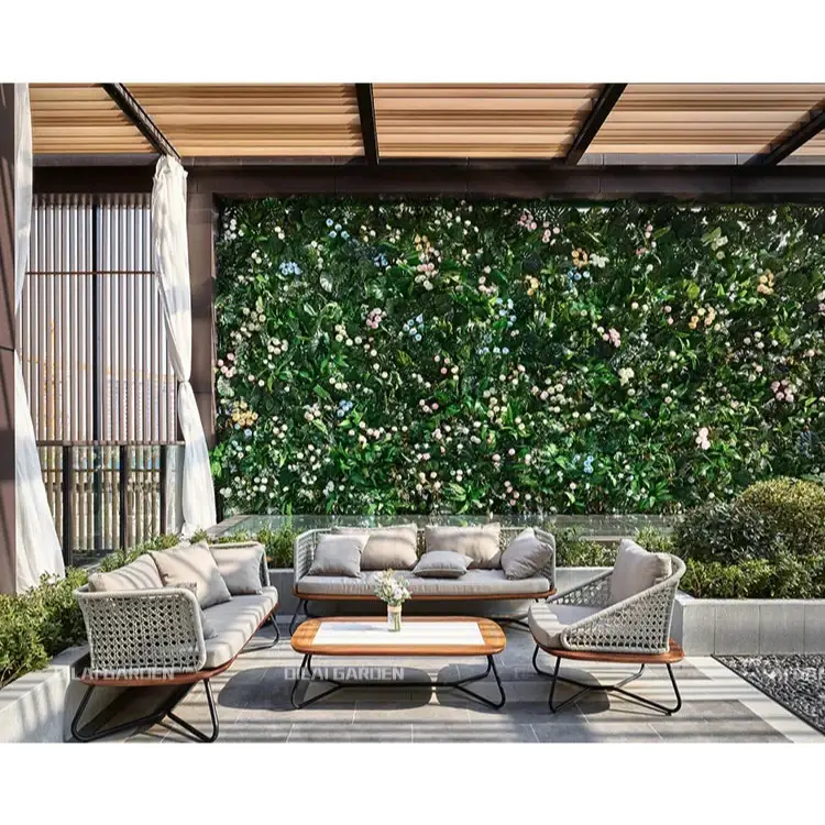 Outdoor patio with furniture and greenery