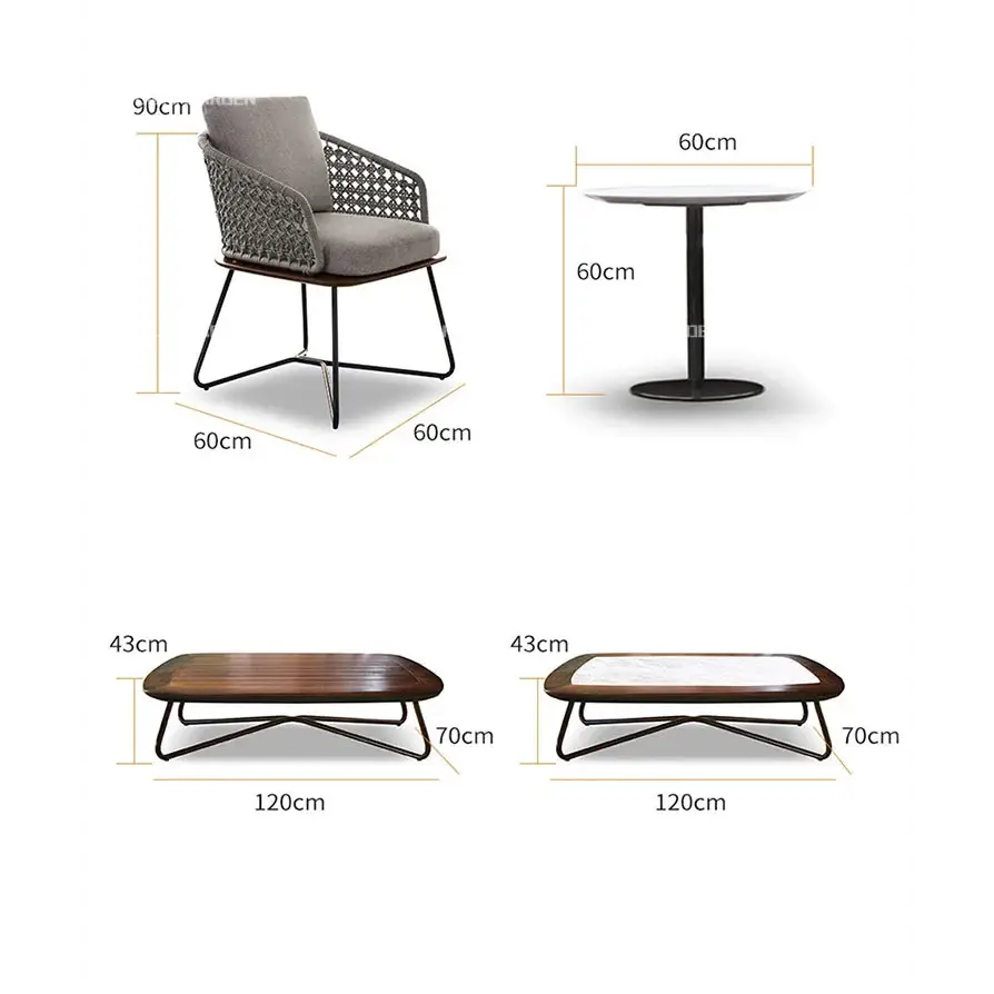 Dimensions of furniture including a chair and two coffee tables with measurements in centimeters.
