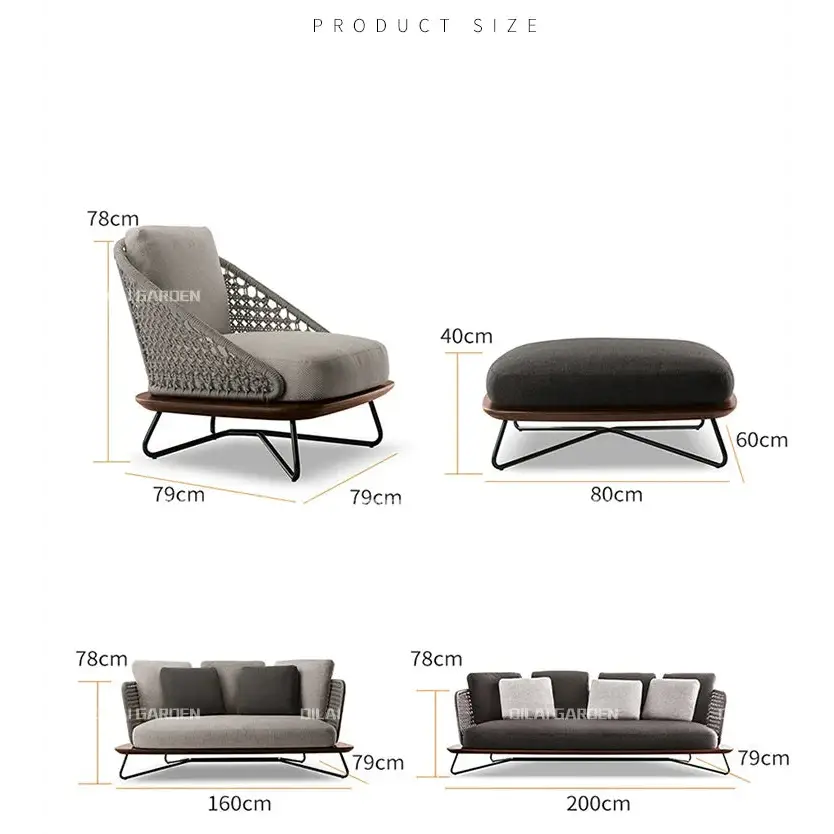 Dimensions of a modern outdoor chair and ottoman with additional furniture pieces on a white background.