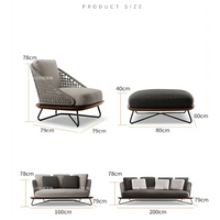 Dimensions of a modern outdoor chair and ottoman with additional furniture pieces on a white background.