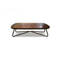 Wooden coffee table with metal legs on a white background, featuring the brand 'QILAI GARDEN'.
