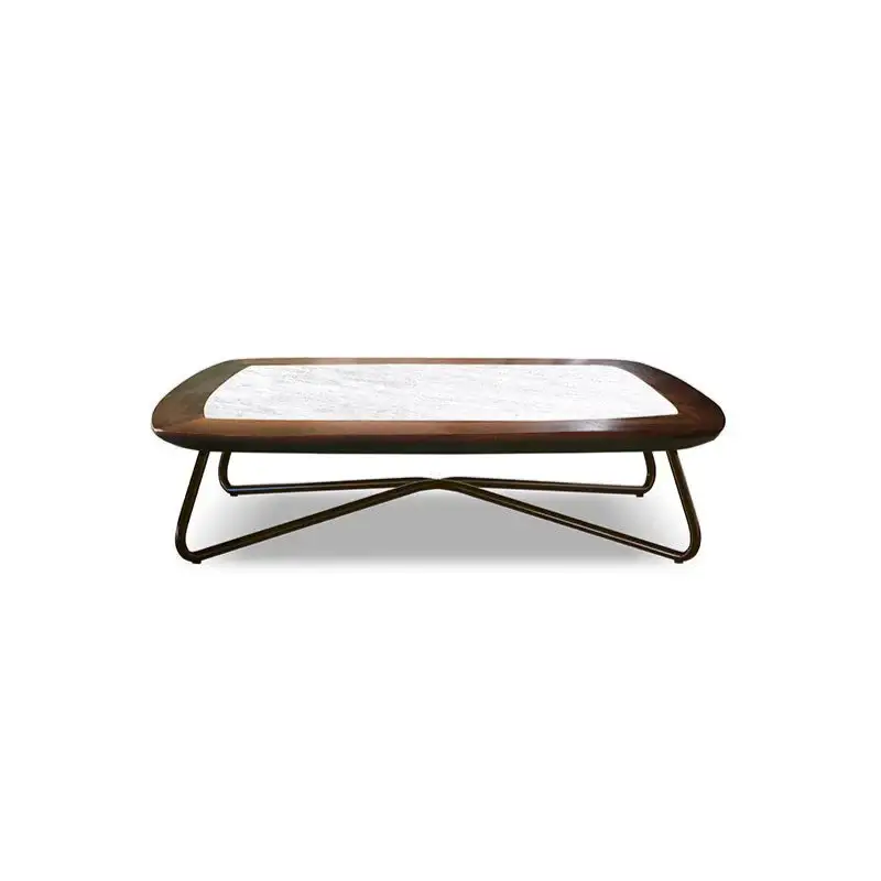 Marble coffee table with wooden frame on a white background, featuring QILAI GARDEN branding.