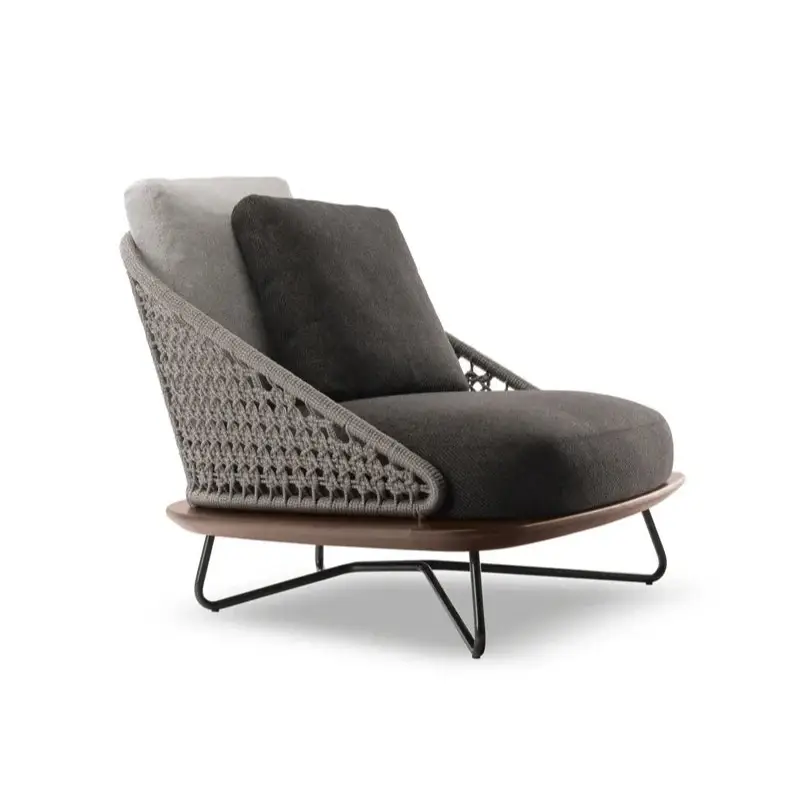 Modern lounge chair with gray cushion and wicker backrest on a white background, featuring QILAI GARDEN branding.