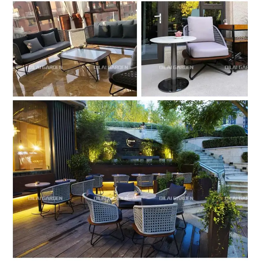 Collage of outdoor furniture and patio scenes with tables, chairs, and a building exterior.