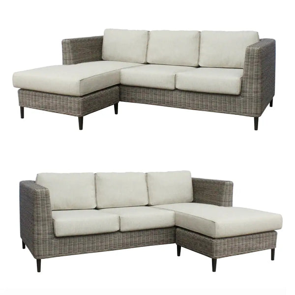 Outdoor wicker sofa set with reversible chaise in light grey fabric