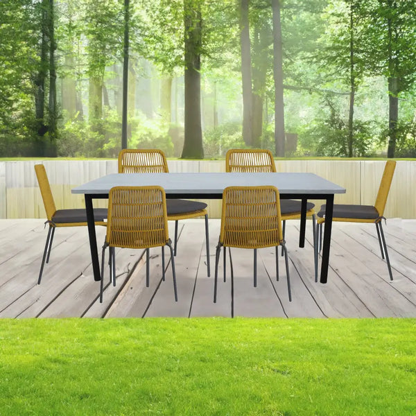 Lara 7pc outdoor dining set with yellow chairs and black table, aluminium powder coated