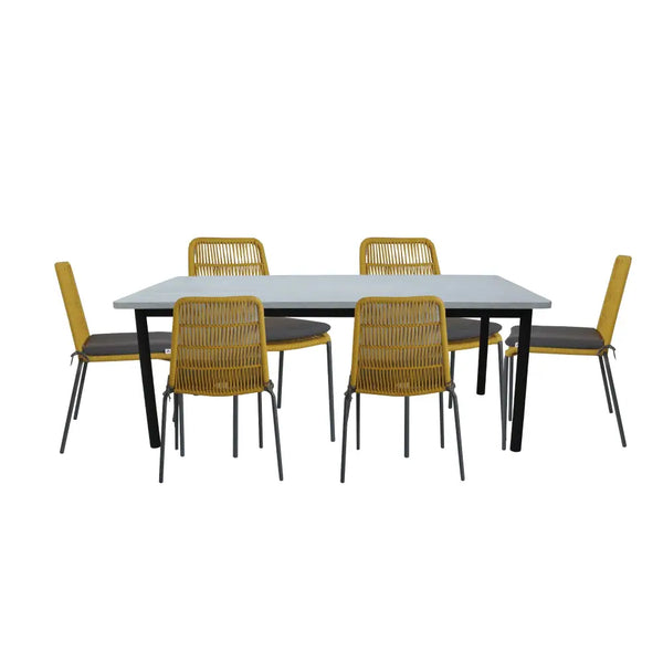 Lara 7pc outdoor dining set with grey table and yellow chairs