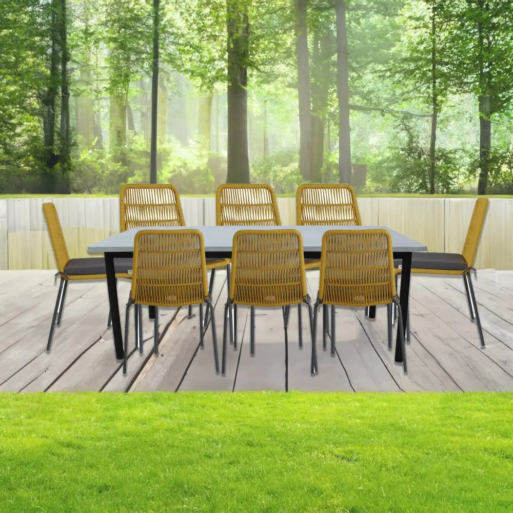 Lara 9pc 240cm outdoor dining table 8 chairs set with concrete table top, powder coated yellow chairs and black table