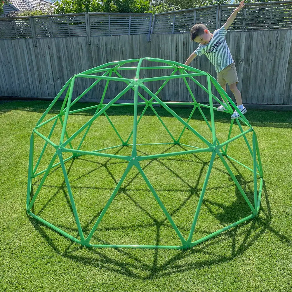 Man playing with large green ball on rust resistant powder coated steel lifespan kids 2.5m dome climber 2.5