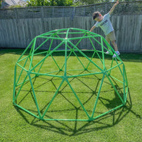 Man playing with large green ball on rust resistant powder coated steel lifespan kids 2.5m dome climber 2.5