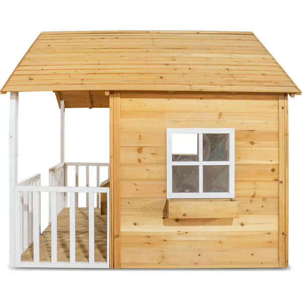 Wooden playhouse with white door and windows, lifespan kids camira v2 cubby house for imaginative play
