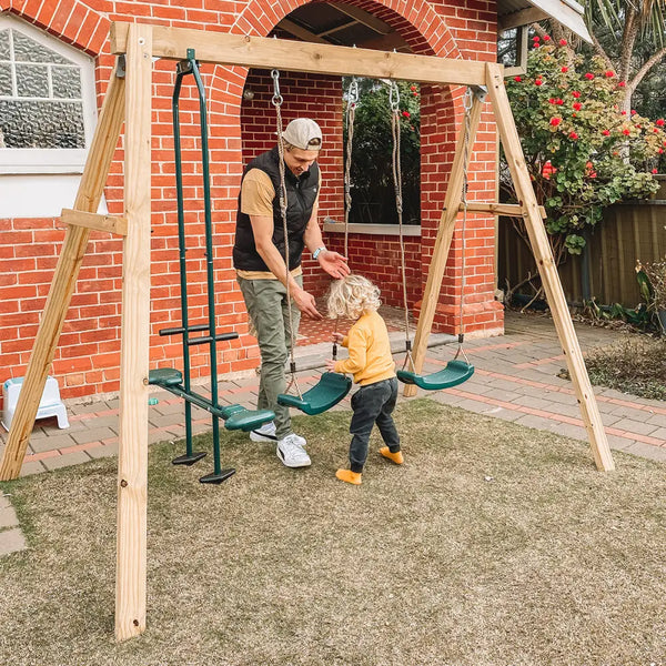 Lifespan kids forde 2 double swing & glider featuring a man and child on a durable timber frame swing set