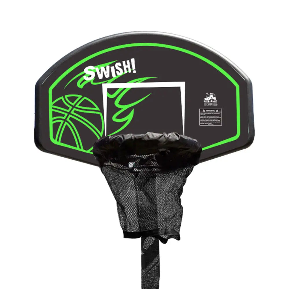 Black and green basketball helmet with white and green logo on a swing set