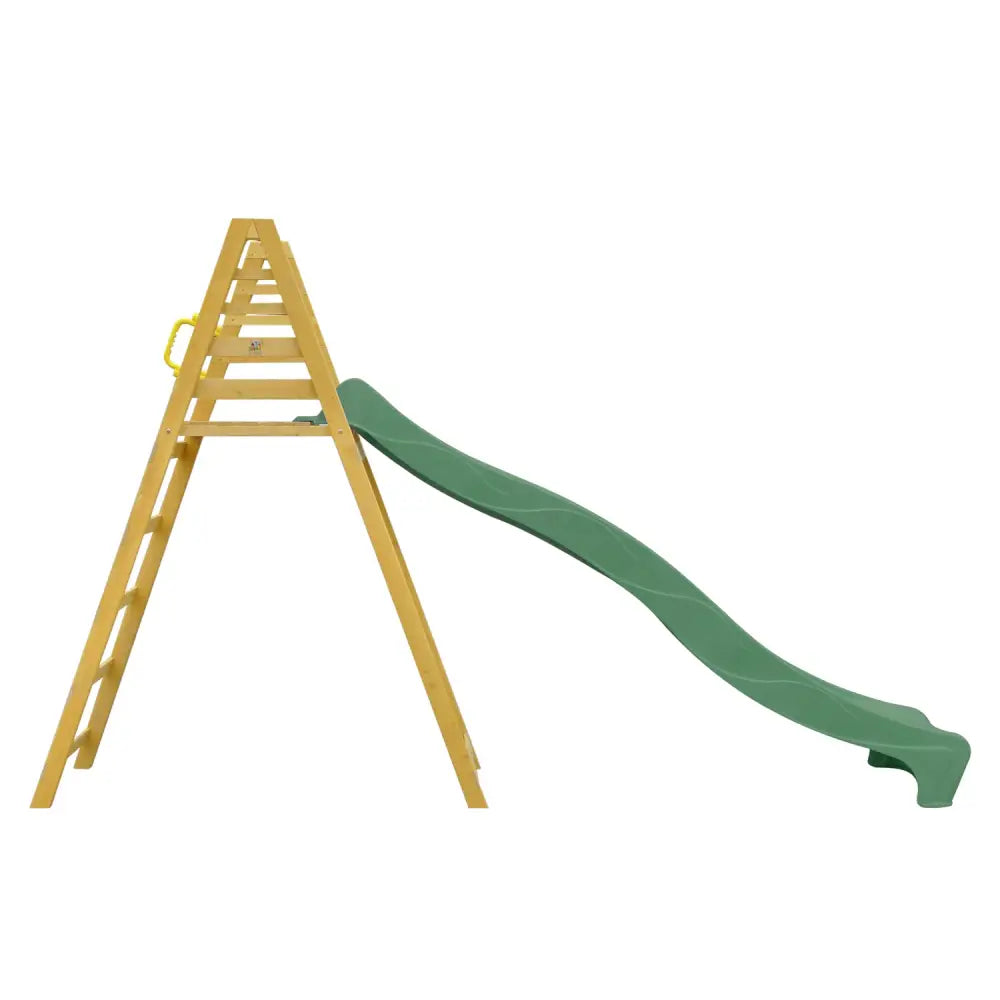 Lifespan kids jumbo climb with wavy slide - green or yellow, made of treated timber, with a wooden swing and green slide
