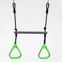 Lifespan kids lynx swing set with green plastic gymnasts hanging from black bar