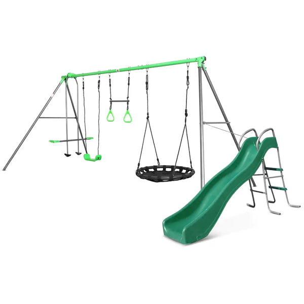 Lifespan kids lynx 4 station swing set with slippery slide featuring green slide