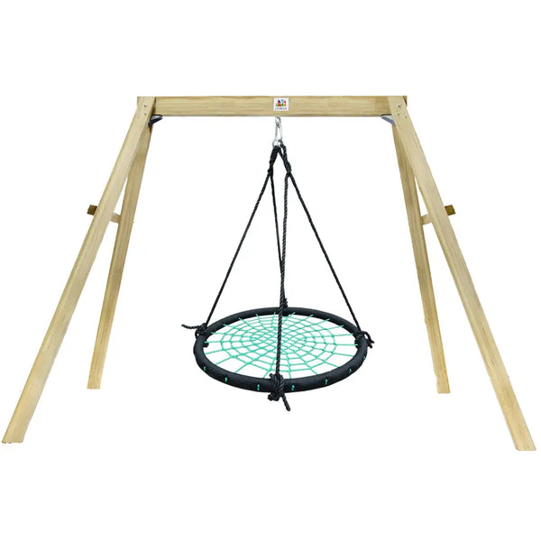 Wooden swing frame with green spidey web swing