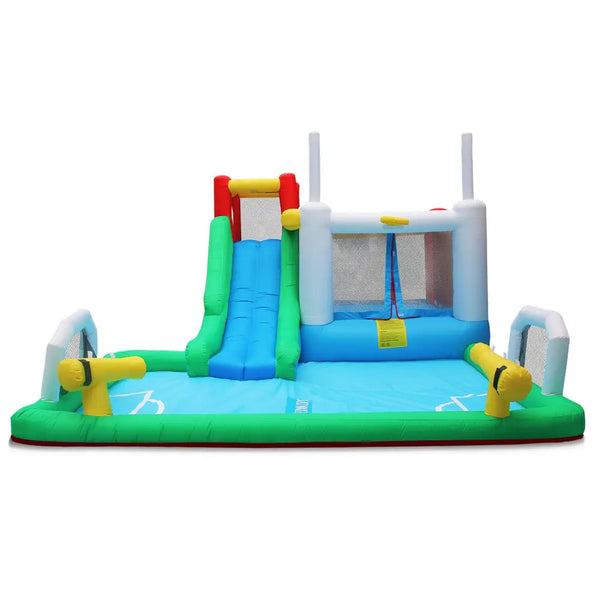 Lifespan kids olympic inflatable play centre with pool and water slide, inflated using electric air pump
