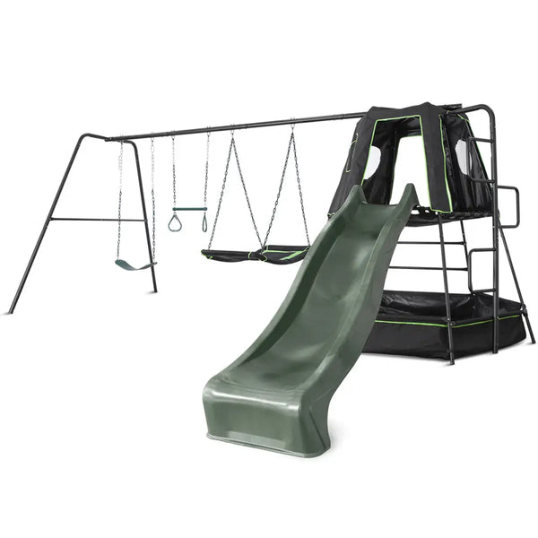 Lifespan kids pallas play tower with metal swing set - close up view of green slide and swing set